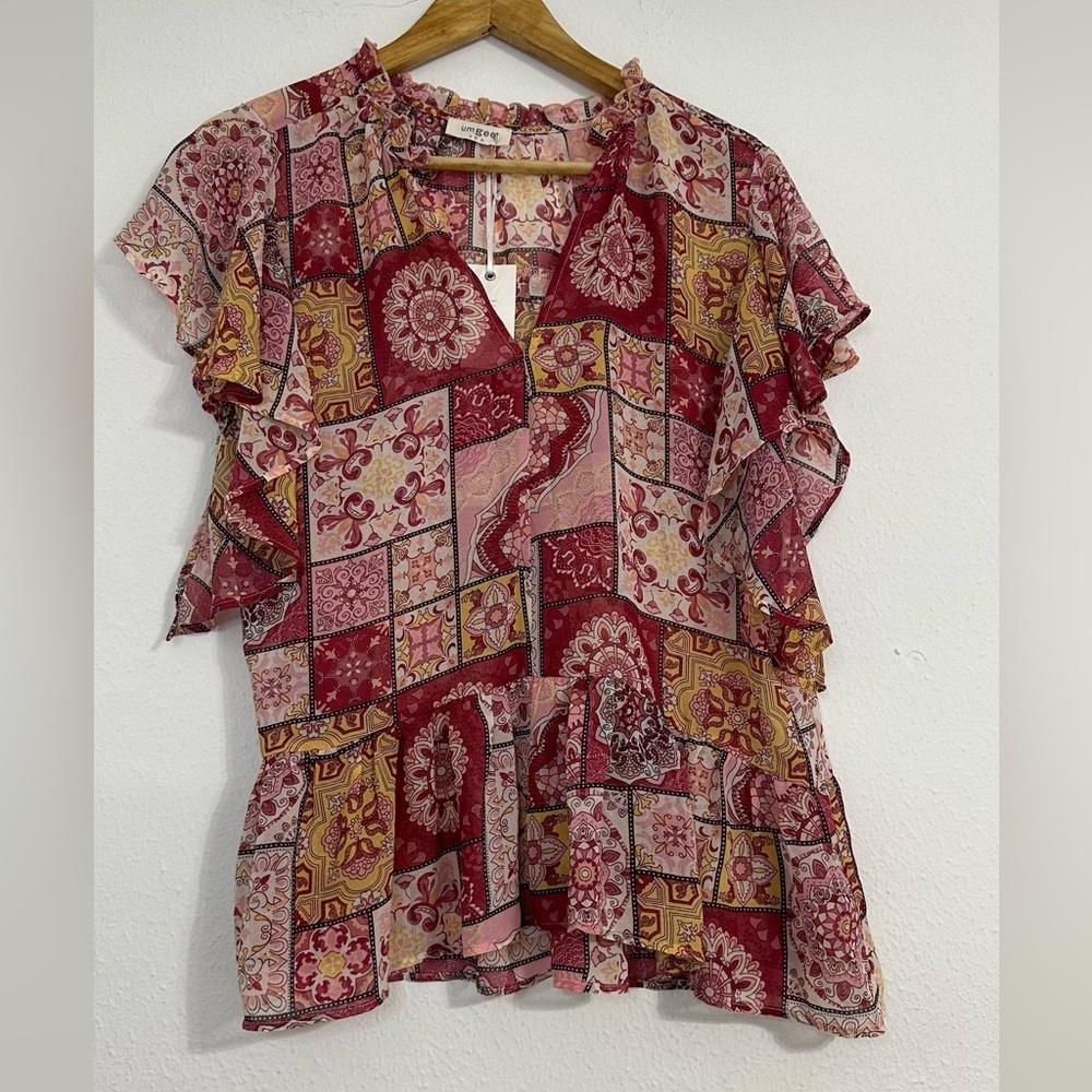 Umgee Multicolor Patchwork Blouse with Ruffle Sleeves - Picture 3 of 11